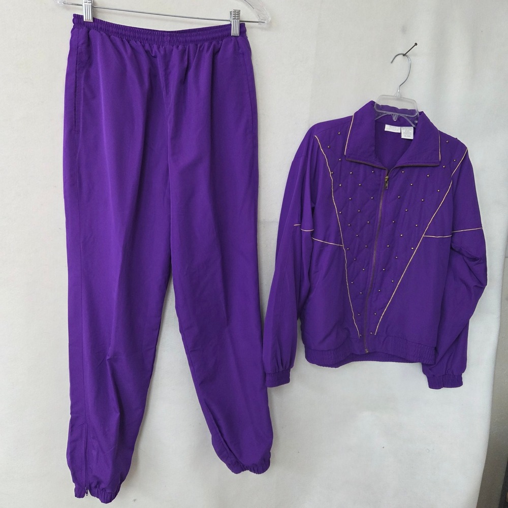 Blair Boutique Tracksuit Women Small‎ Purple Studded Quilted Windbreaker Set Vtg